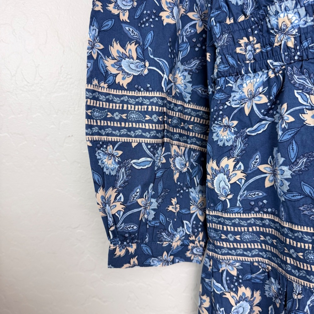 LOFT Blue Cotton Blend Floral Tiered Maxi Dress Long Sleeve V-Neck Boho L NWT - Picture 4 of 12